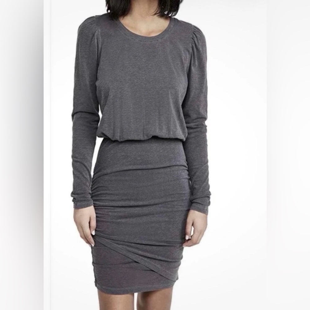 Anthropologie Sundry Shirred Puff Long Sleeve Shift Dress Gray Size 0 Ruched